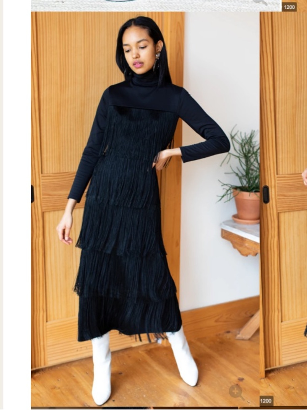 Emerson Fry Fringe Midi Dress Long Sleeve Black Party Dress Size Small